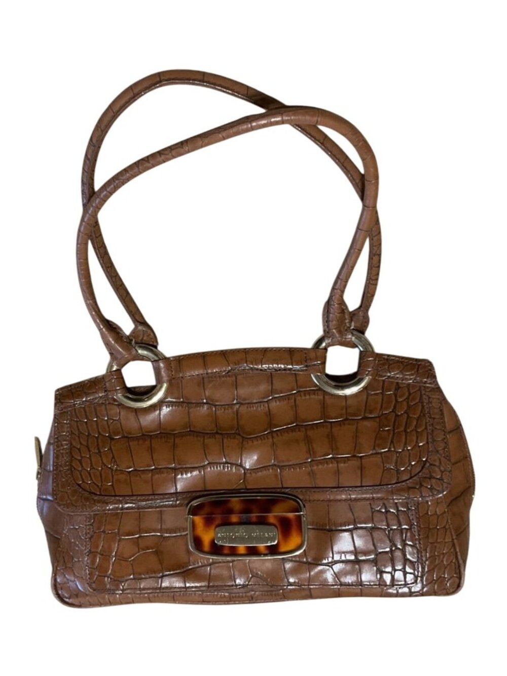 VTG Antonio Melani Purse Satchel Croc Embossed Brown Leather Green Lining 8x13